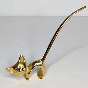 Vintage MCM Walter Bosse Style Brass Cat Ring Holder W Sparkle Eyes